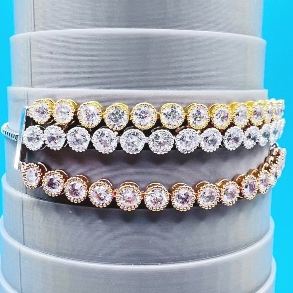 Triple Strand Rhinestone Tennis Bracelet Slider Tri Color Rose Yellow White Tone